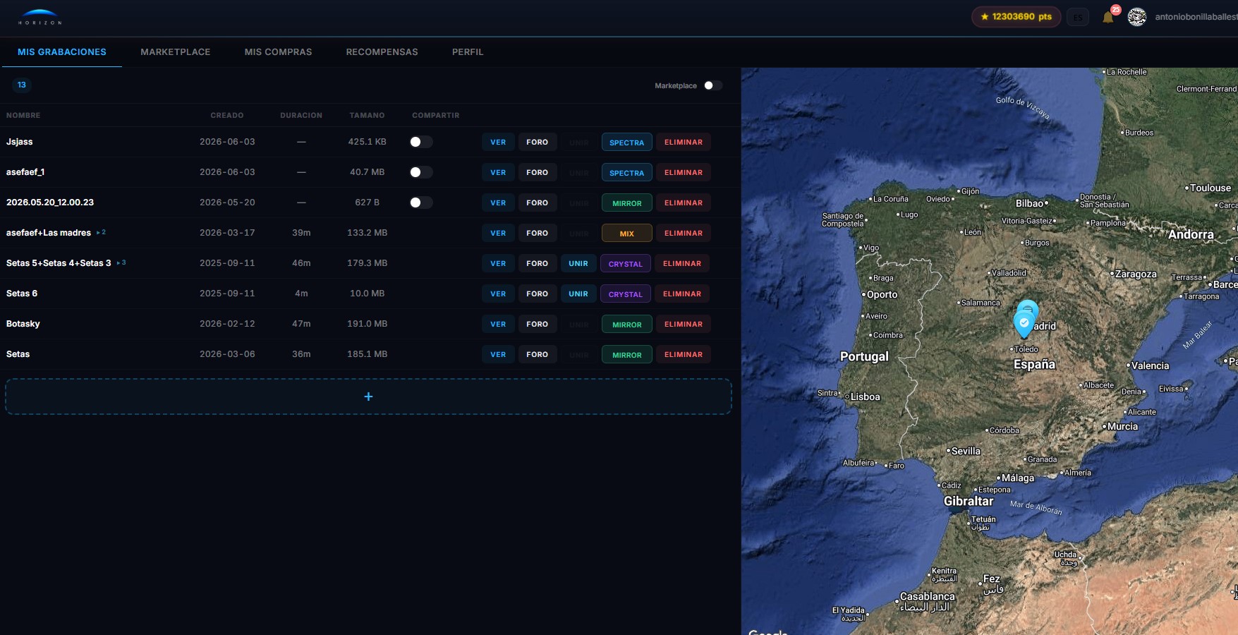 Panel de Horizon con grabaciones y mapa