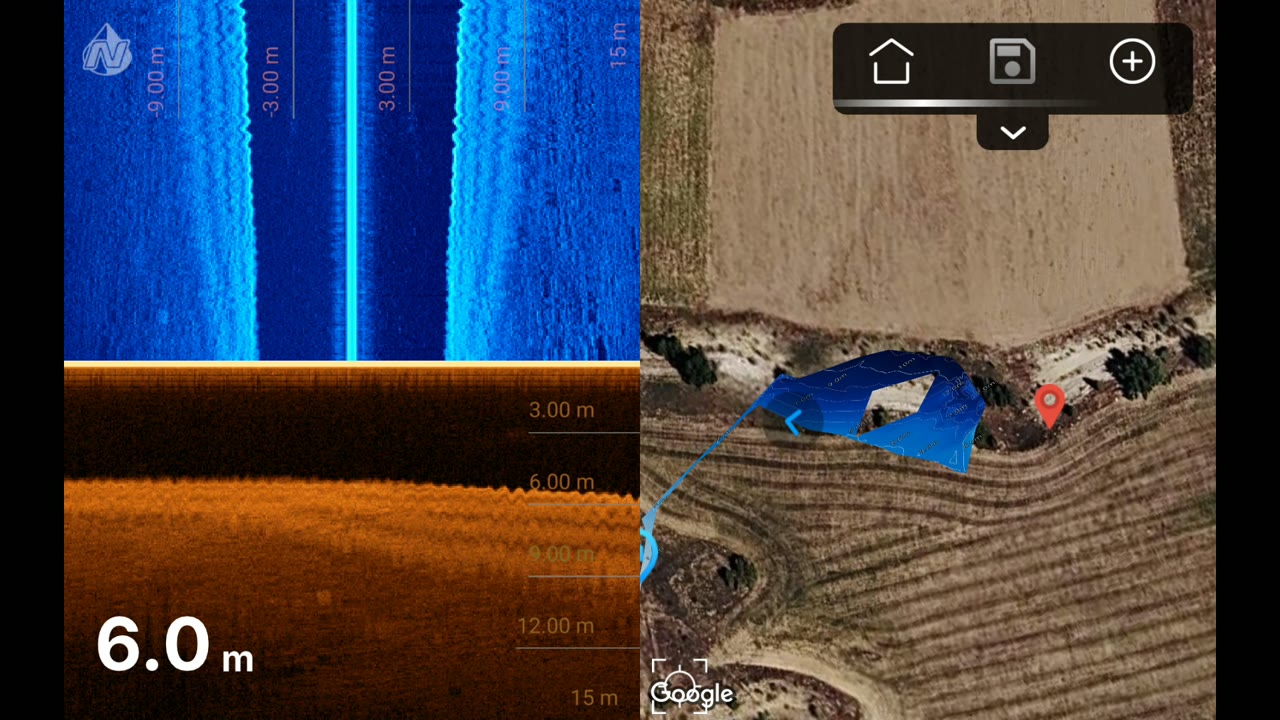 Visor de sondeos Horizon mostrando profundidad, ecos de peces y rastro GPS de una sesión de carpfishing